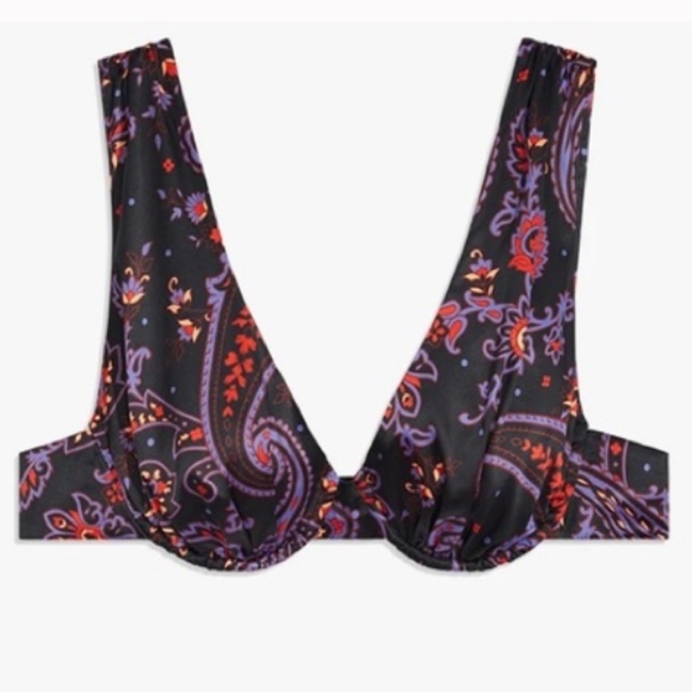 WeWoreWhat Underwire Paisley Bra Top Satin Bustier colorful Purple & Black